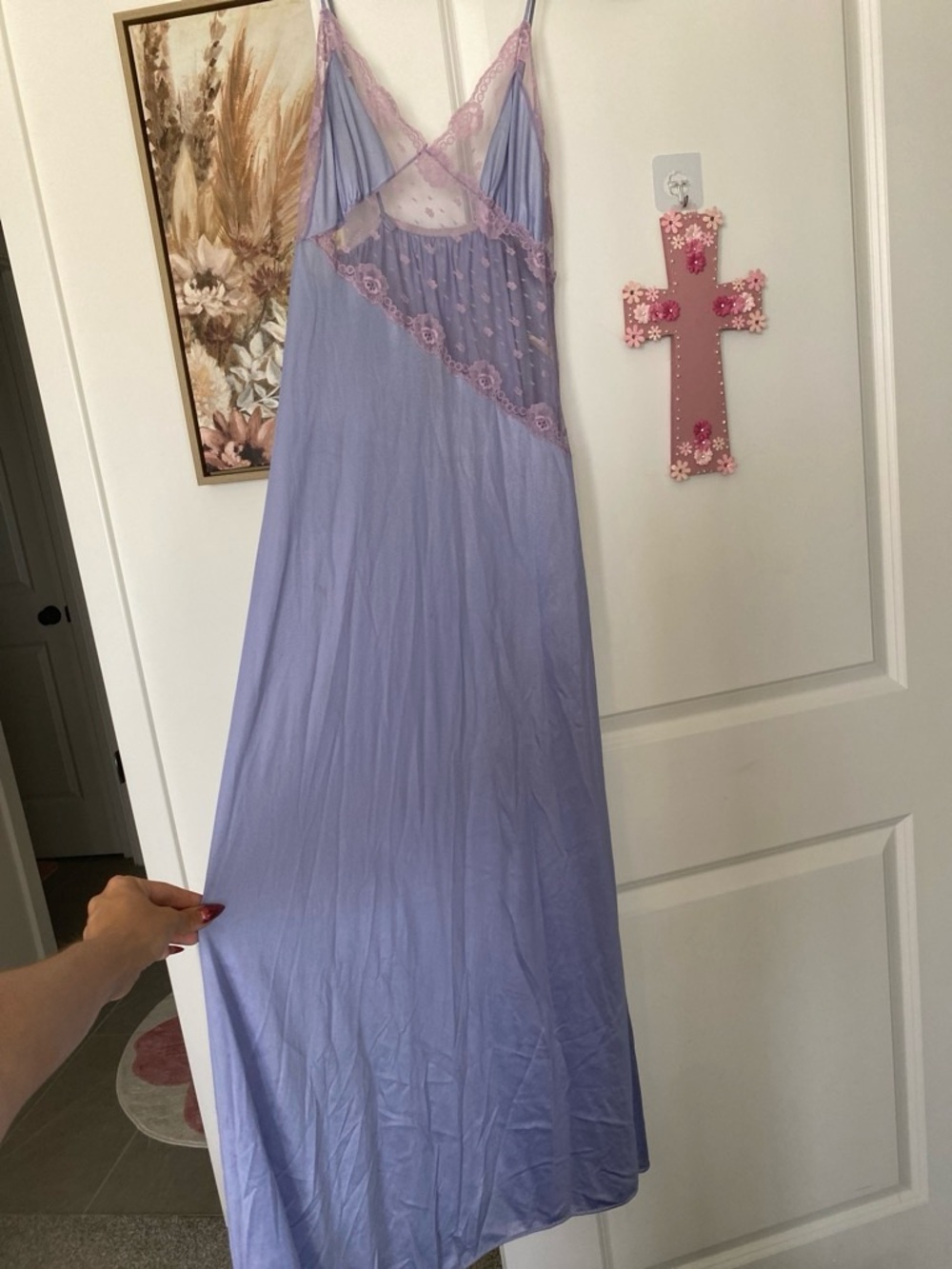 American Vintage Lavender Maxi Slip Dress with Pink Lace Trim